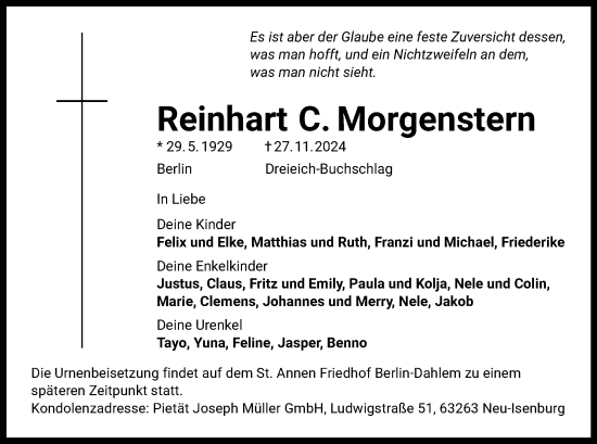 Traueranzeige von Reinhart C. Morgenstern von OF