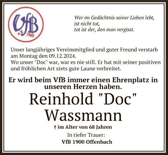 Traueranzeige von Reinhold Wassmann von OF