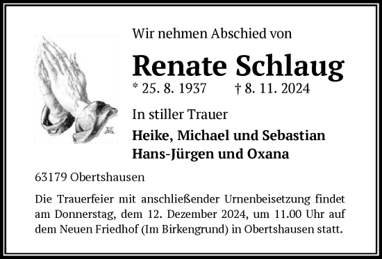 Traueranzeige von Renate Schlaug von OF