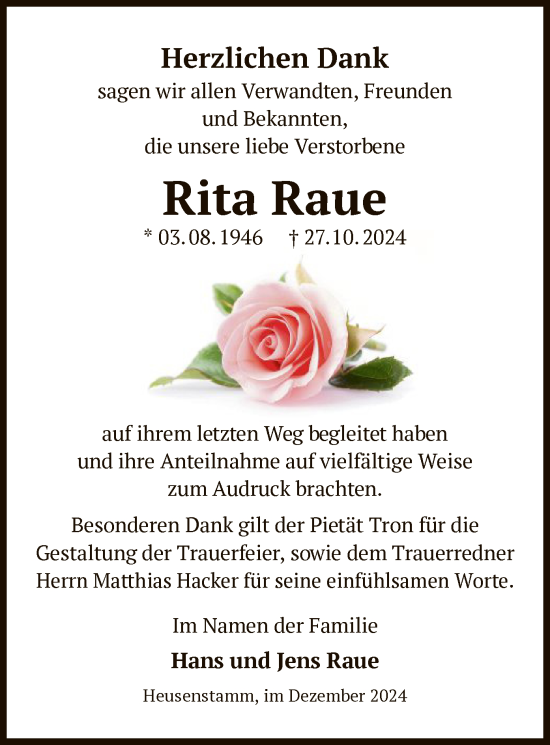 Traueranzeige von Rita Raue von OF