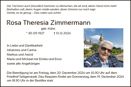 Traueranzeige von Rosa Theresia Zimmermann von OF