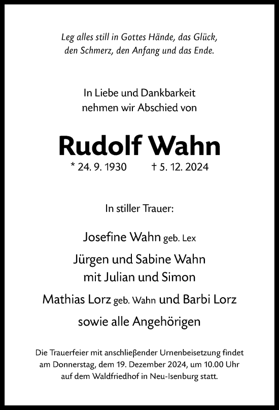 Traueranzeige von Rudolf Wahn von OF