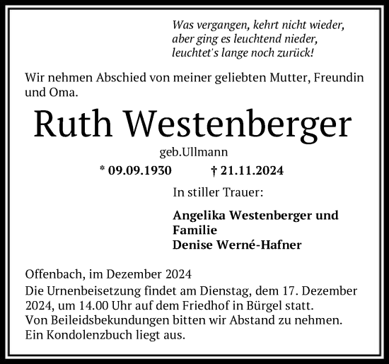 Traueranzeige von Ruth Westenberger von OF