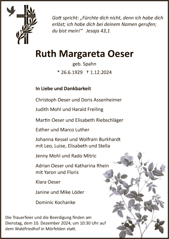 Traueranzeige von Ruth Margareta Oeser von OF