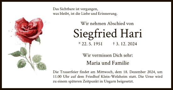 Traueranzeige von Siegfried Hari von OF