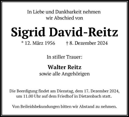 Traueranzeige von Sigrid David-Reitz von OF