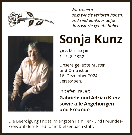 Traueranzeige von Sonja Kunz von OF