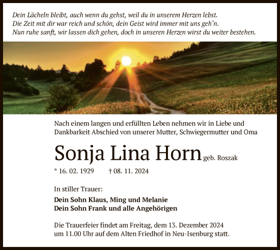 Traueranzeige von Sonja Lina Horn von OF