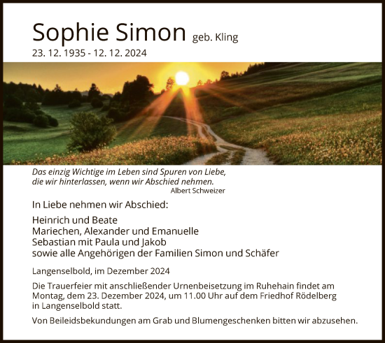 Traueranzeige von Sophie Simon von OF