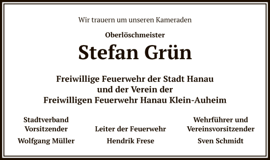 Traueranzeige von Stefan Grün von OF