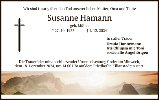 Traueranzeige von Susanne Hamann von OF