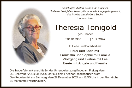 Traueranzeige von Theresia Tonigold von OF