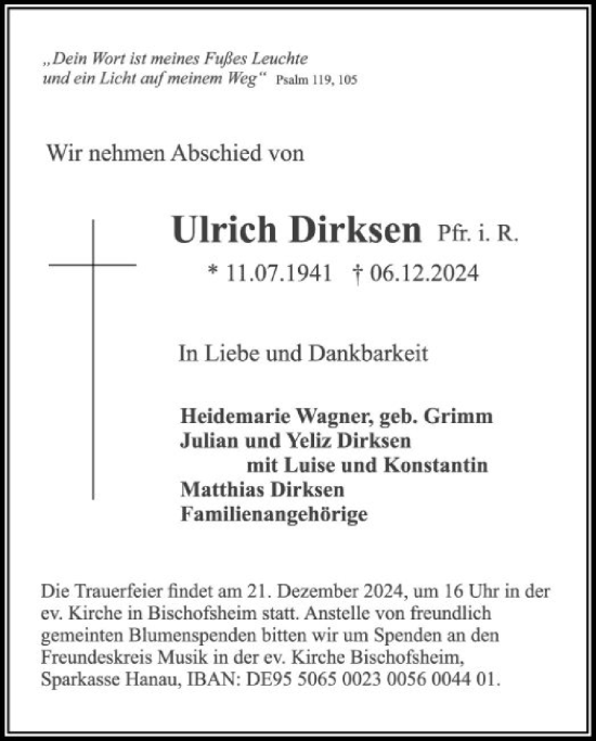 Traueranzeige von Ulrich Dirksen von OF