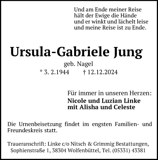 Traueranzeige von Ursula-Gabriele Jung von OF