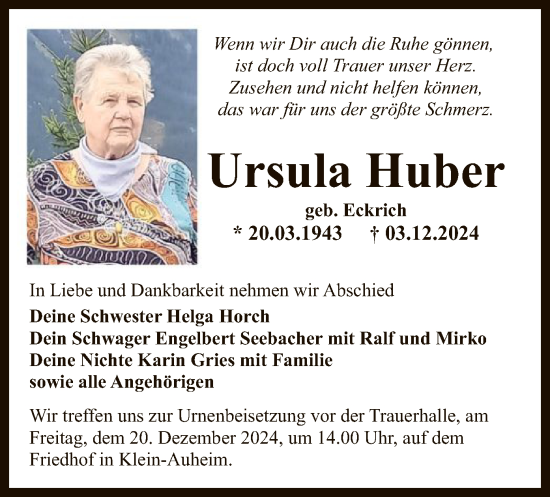 Traueranzeige von Ursula Huber von OF