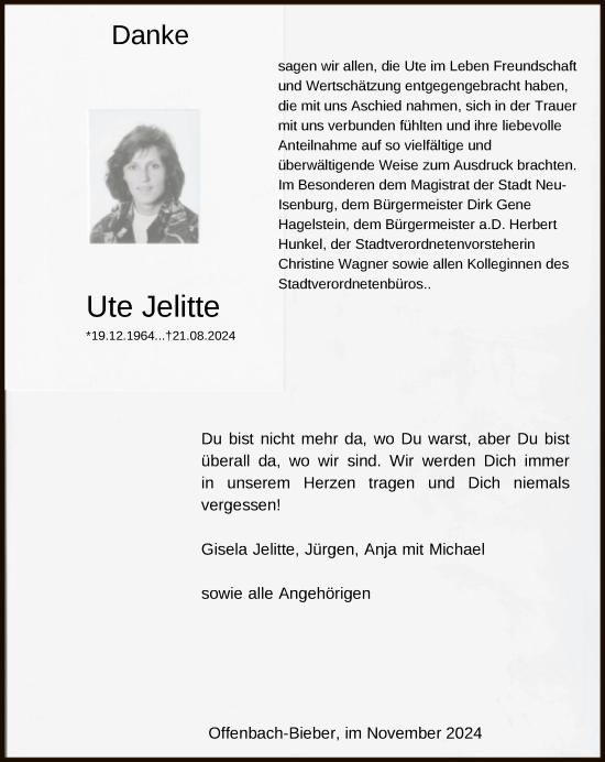 Traueranzeige von Ute Jelitte von OF