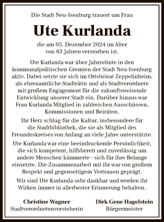 Traueranzeige von Ute Kurlanda von OF