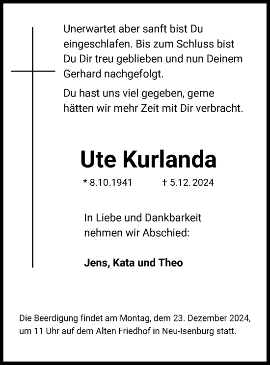 Traueranzeige von Ute Kurlanda von OF