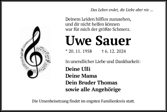 Traueranzeige von Uwe Sauer von OF