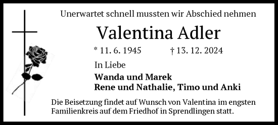 Traueranzeige von Valentina Adler von OF