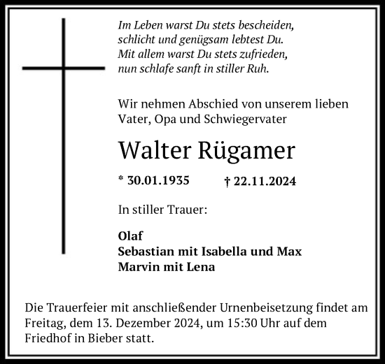 Traueranzeige von Walter Rügamer von OF