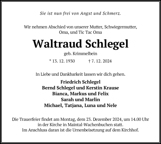 Traueranzeige von Waltraud Schlegel von OF