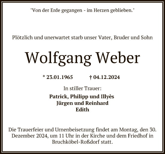 Traueranzeige von Wolfgang Weber von OF