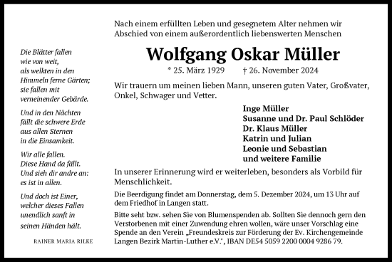 Traueranzeige von Wolfgang Oskar Müller von OF