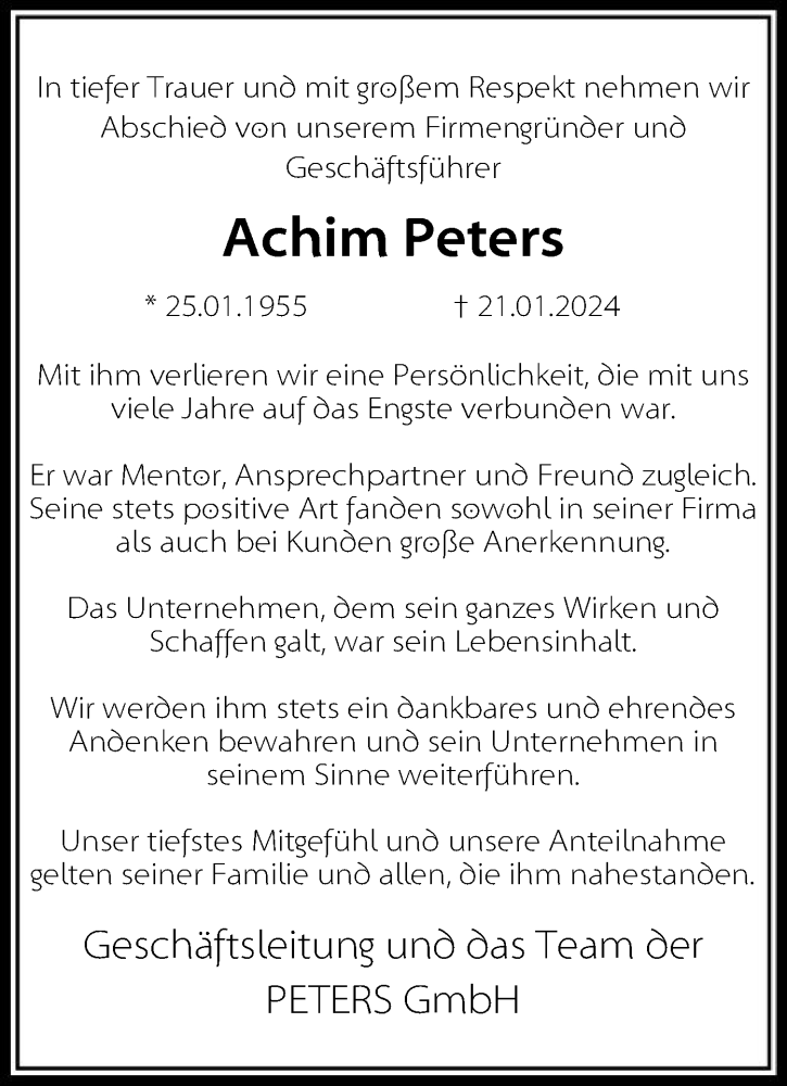  Traueranzeige für Achim Peters vom 03.02.2024 aus OF