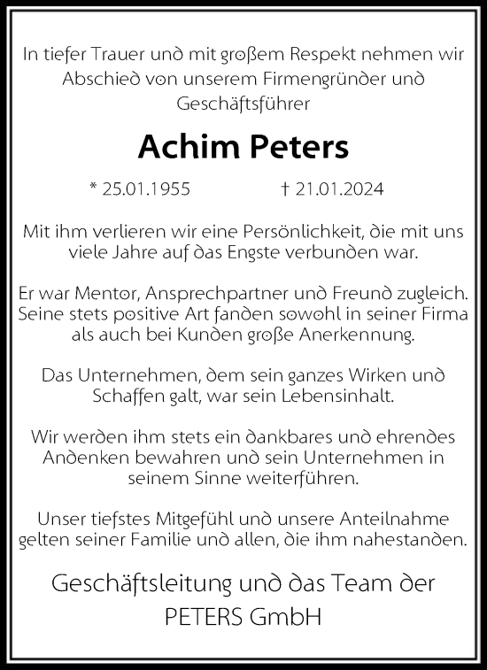 Traueranzeige von Achim Peters von OF