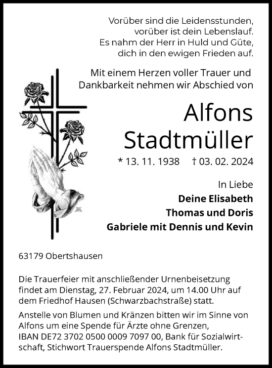 Traueranzeige von Alfons Stadtmüller von OF