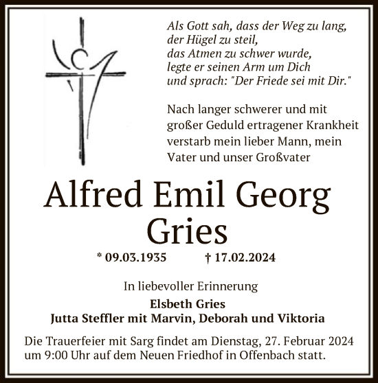 Traueranzeige von Alfred Emil Georg Gries von OF