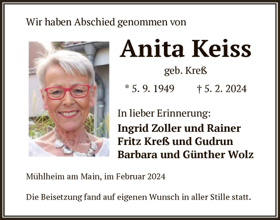 Traueranzeige von Anita Keiss von OF