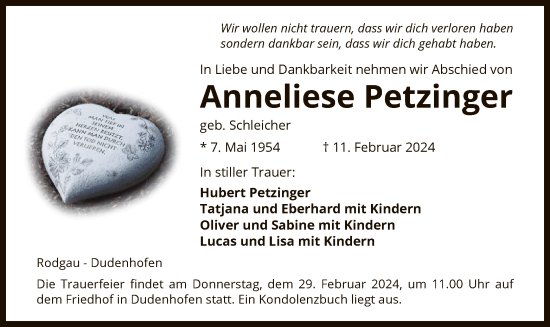 Traueranzeige von Anneliese Petzinger von OF