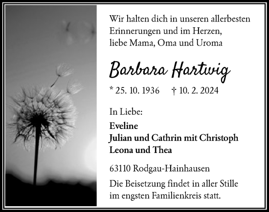 Traueranzeige von Barbara Hartwig von OF