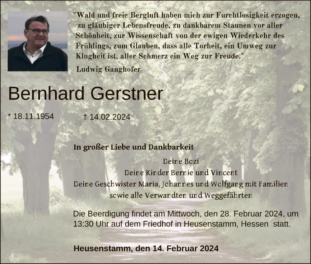  Traueranzeige für Bernhard Gerstner vom 24.02.2024 aus OF