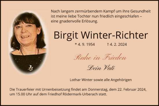 Traueranzeige von Birgit Winter-Richter von OF