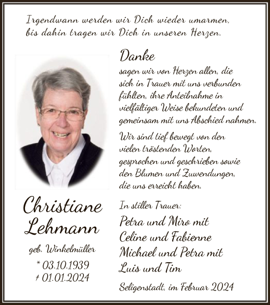 Traueranzeige von Christine Lehmann von OF