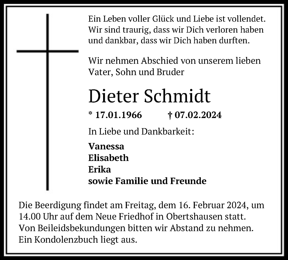  Traueranzeige für Dieter Schmidt vom 13.02.2024 aus OF