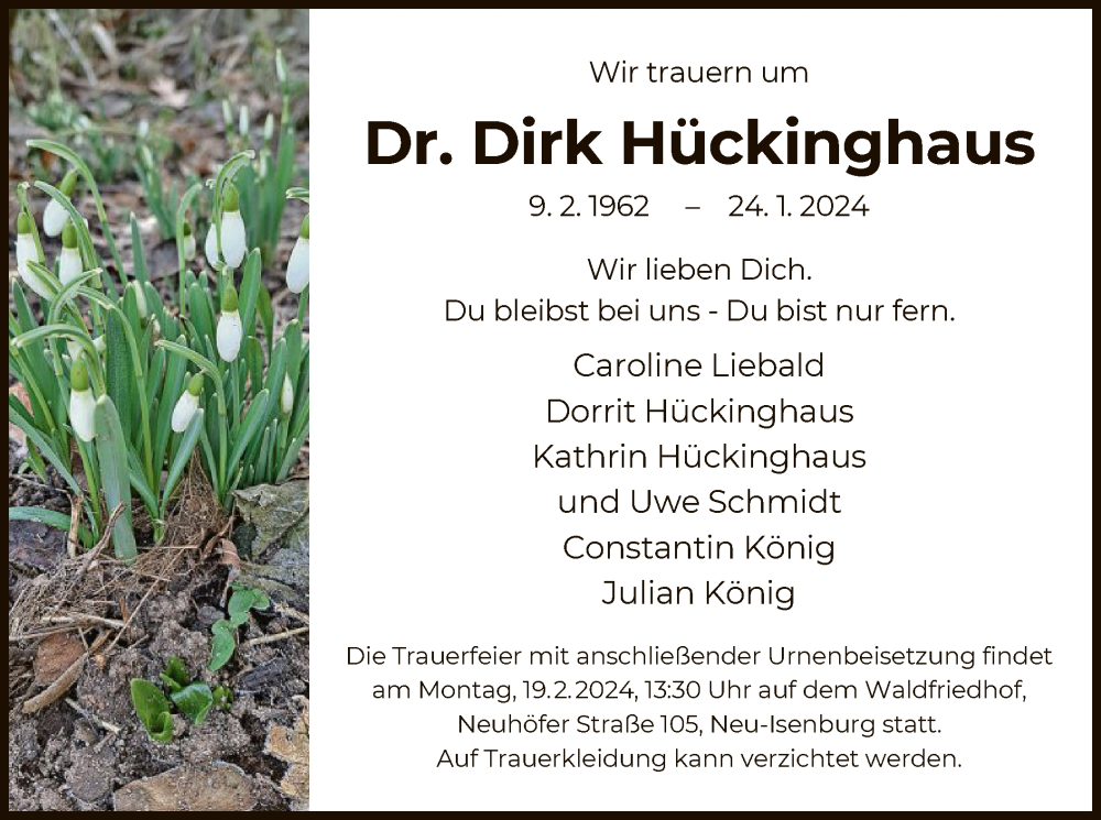  Traueranzeige für Dirk Hückinghaus vom 10.02.2024 aus OF