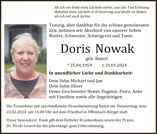 Traueranzeige von Doris Nowak von OF