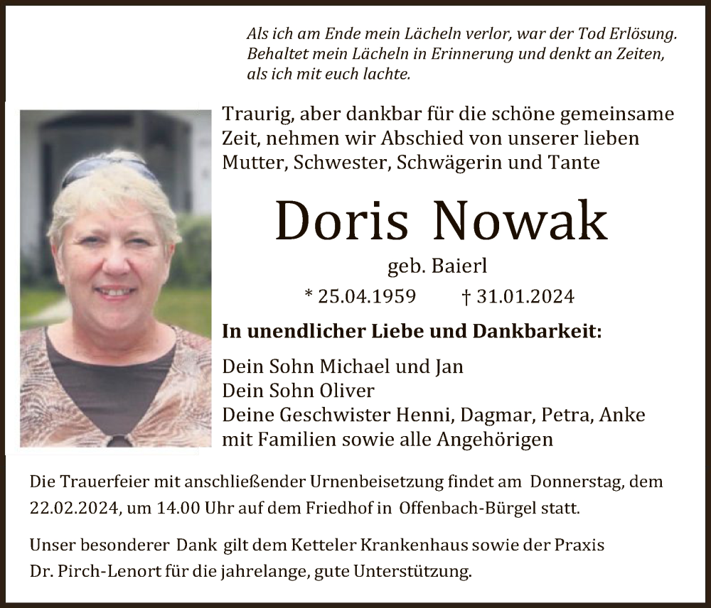  Traueranzeige für Doris Nowak vom 17.02.2024 aus OF
