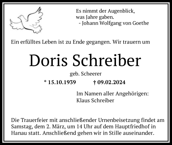 Traueranzeige von Doris Schreiber von OF