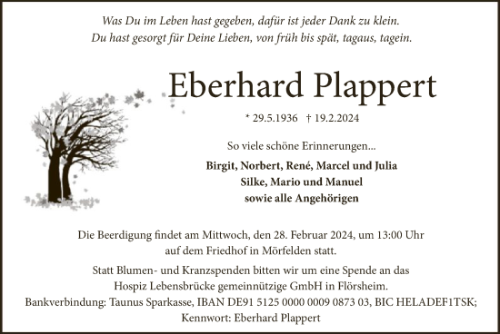 Traueranzeige von Eberhard Plappert von OF