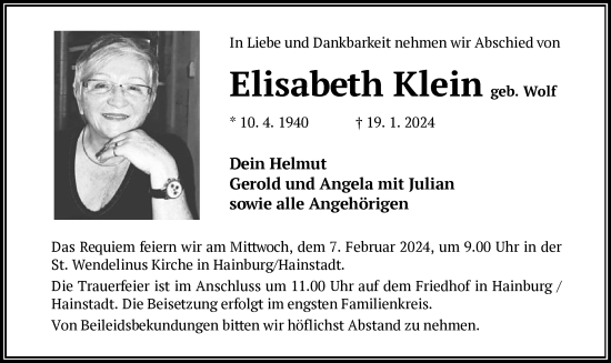 Traueranzeige von Elisabeth Klein von OF