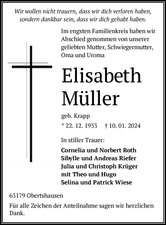 Traueranzeige von Elisabeth Müller von OF