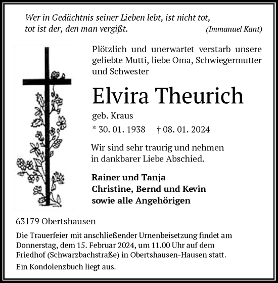 Traueranzeige von Elvira Theurich von OF