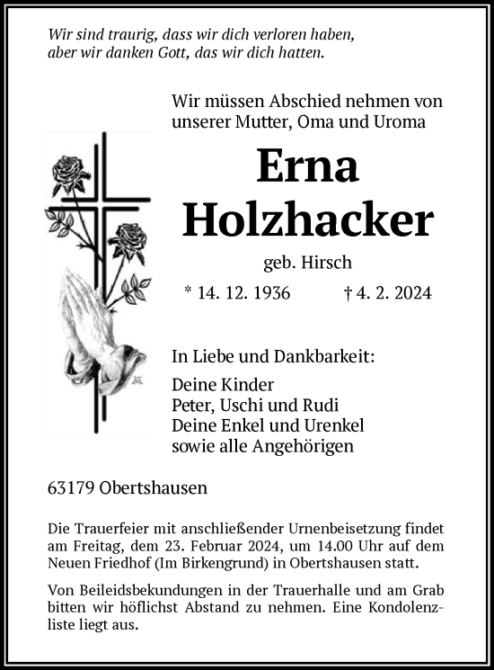 Traueranzeige von Erna Holzhacker von OF