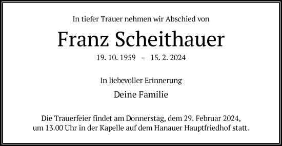 Traueranzeige von Franz Scheithauer von OF