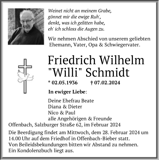 Traueranzeige von Friedrich Wilhelm Schmidt von OF
